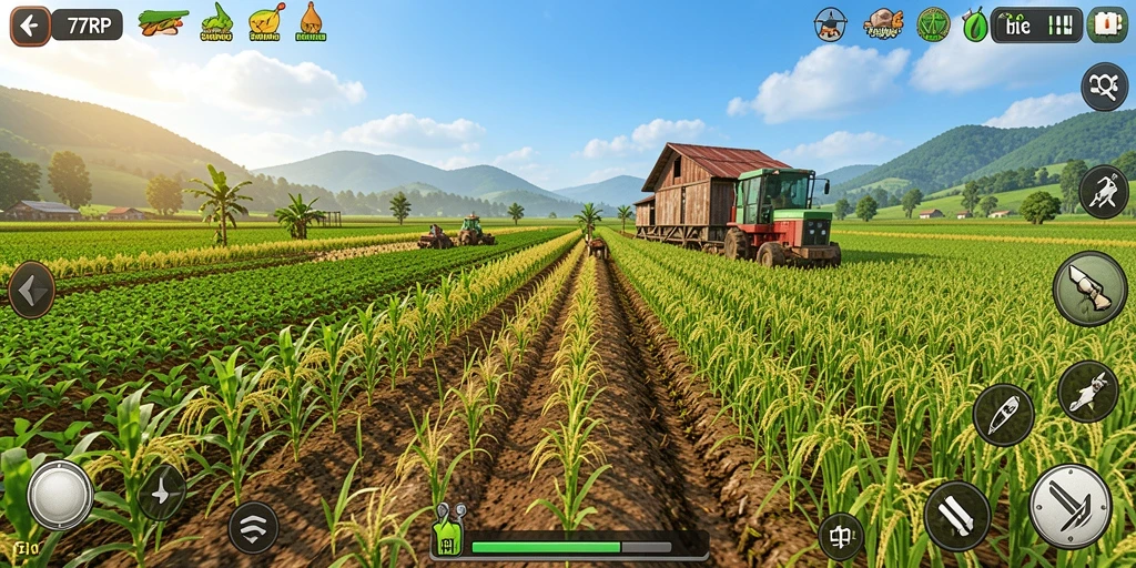 Screenshot gameplay menampilkan lahan pertanian yang subur dan hewan ternak.