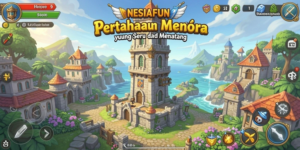 Tangkapan layar gameplay NESIAFUN menampilkan menara yang siap menghadapi musuh.