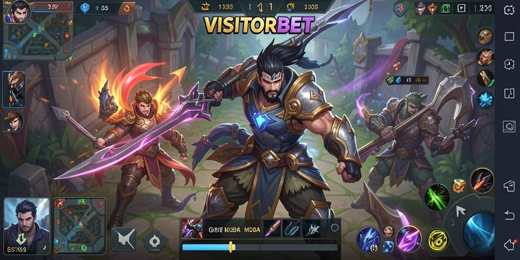 Tangkapan layar utama <strong>VISITORBET</strong> menunjukkan pertarungan seru dalam gameplay MOBA.