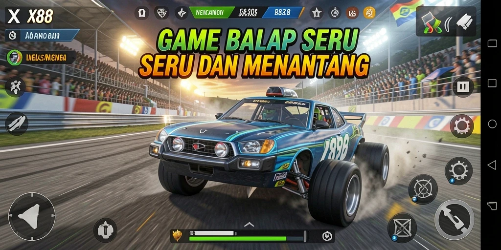 Tampilan gameplay X88 menampilkan balapan mendebarkan di lintasan yang menantang.